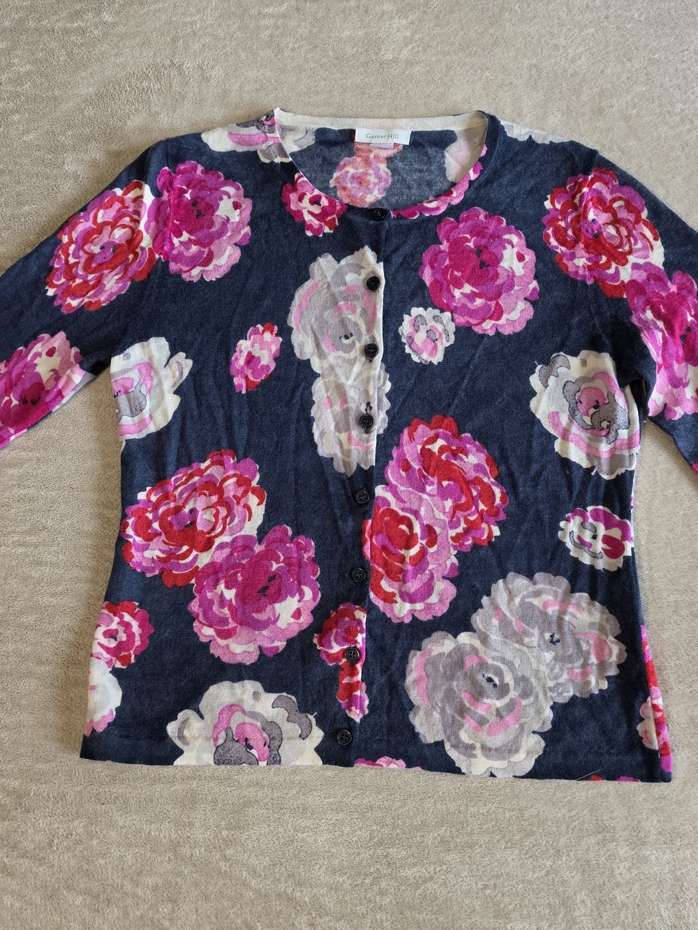 Garnet Hill Navy Cardigan Pink & White Floral Print 100% Merino Wool